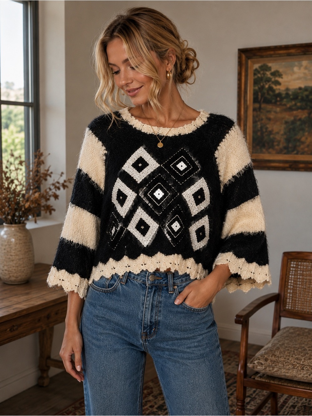 Melani di moda Fuzzy Geometric Sequin Sweater Black Cream Boho Knit
